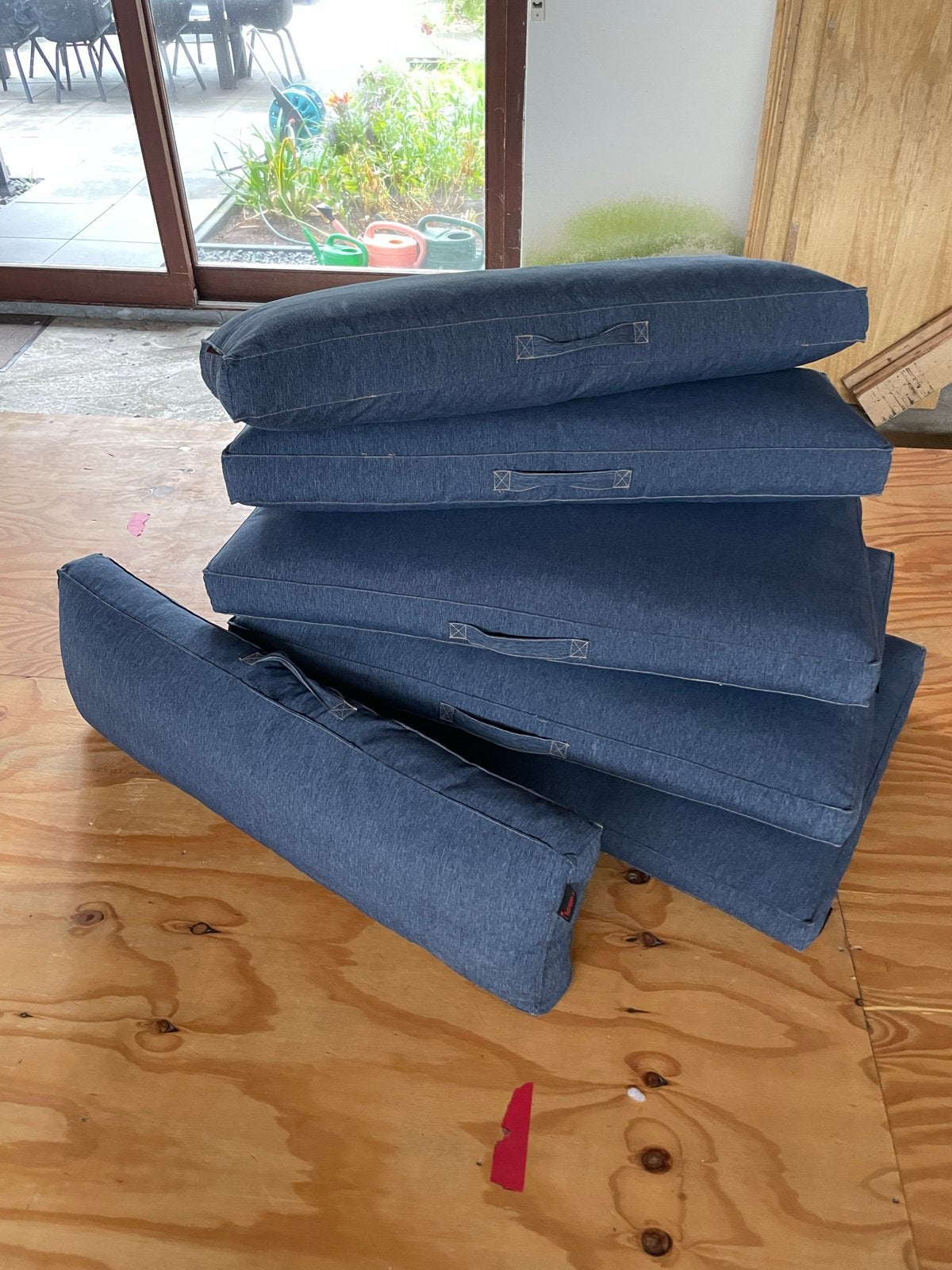 Palletkussenset: zitkussen 120x80 en rugkussen 120x40, Gebruikt, Blauw, Palletkussen, Ophalen of Verzenden