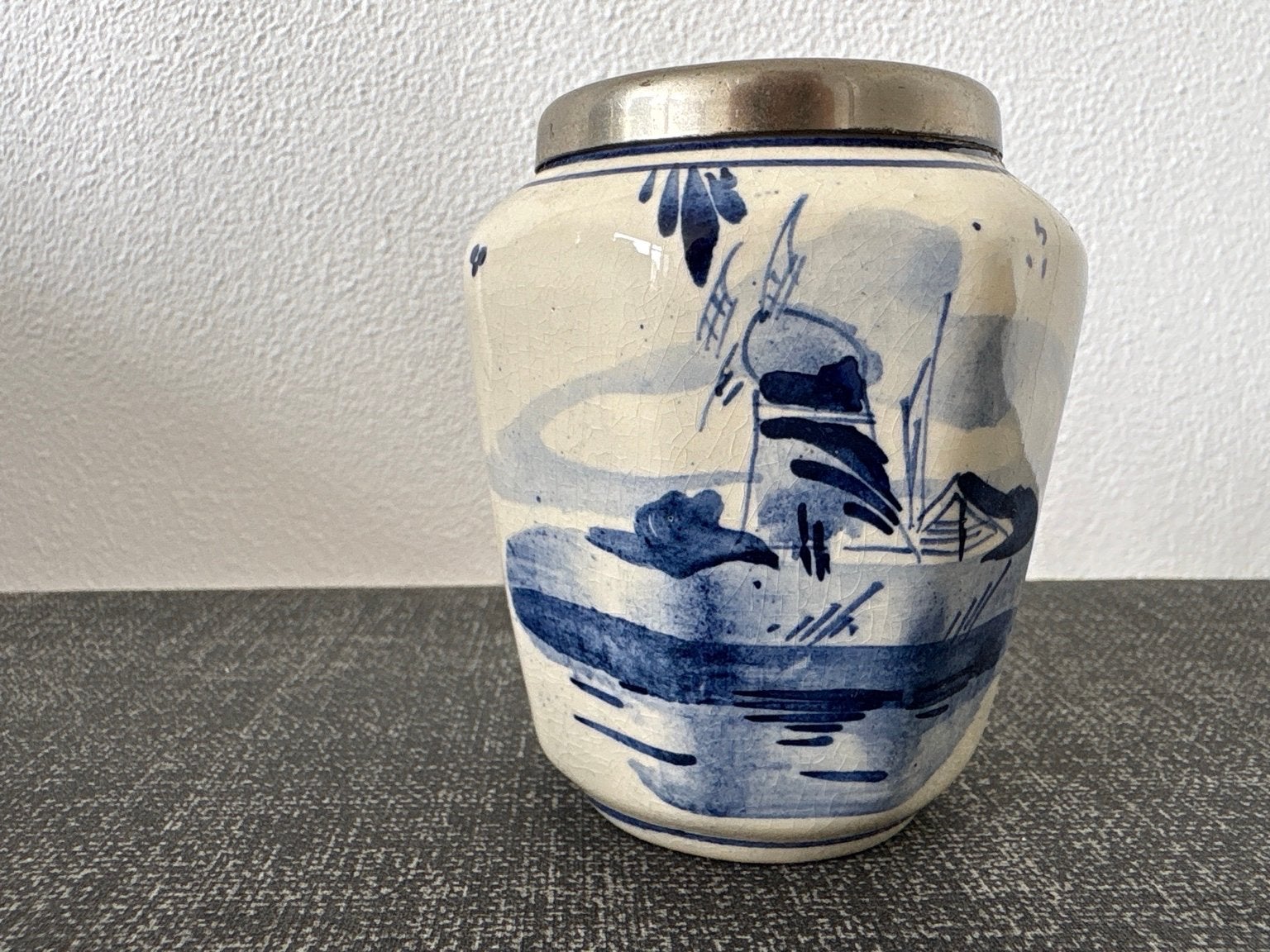 Antieke Delfts Blauwe lepelvaasje met Molenlandschap, Ophalen of Verzenden