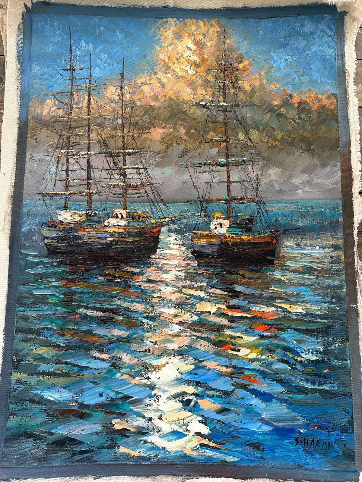 Schilderij: Twee Zeilschepen op Zee, Olieverf op Doek 50x70, Antiek en Kunst, Kunst | Schilderijen | Klassiek, Maritiem / water