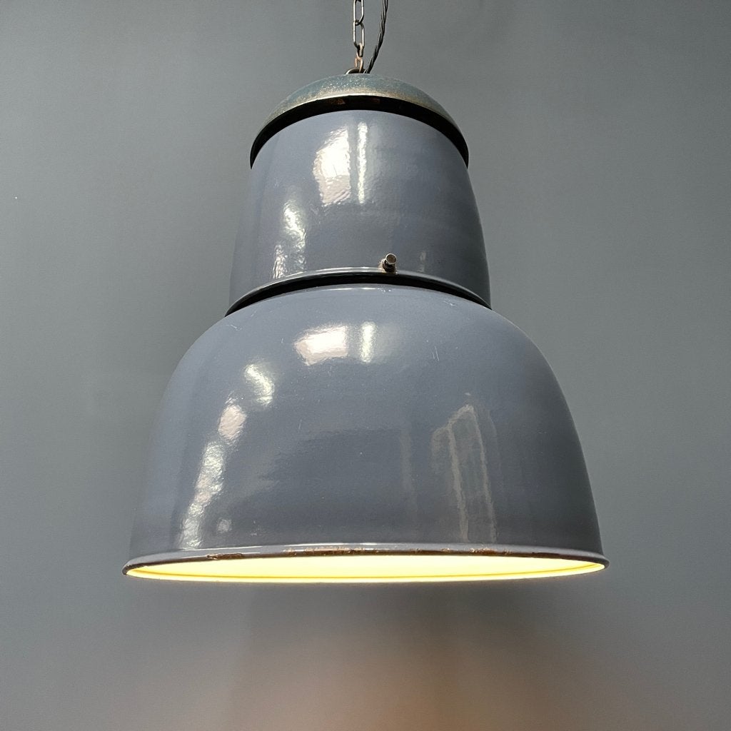 Grote oude industriële blauwgrijze emaille hanglamp fabriek, Gebruikt, Ophalen of Verzenden, -, Industrieel