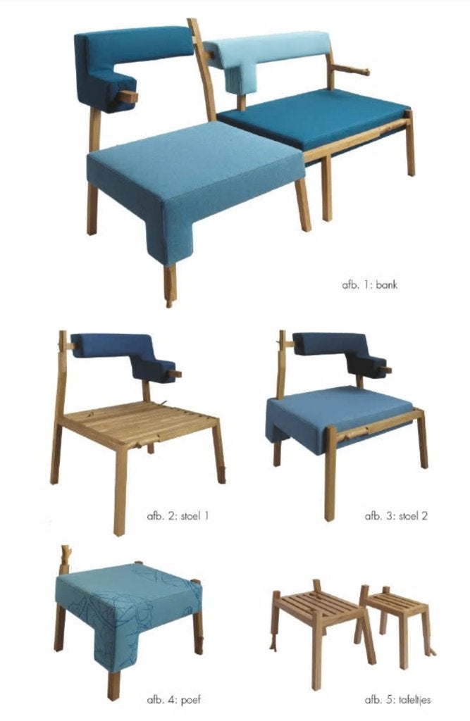 set meubels - bank, stoelen, bijzettafeltjes, Ophalen, Zo goed als nieuw, Hout, Dutch design, uniek ontwerp