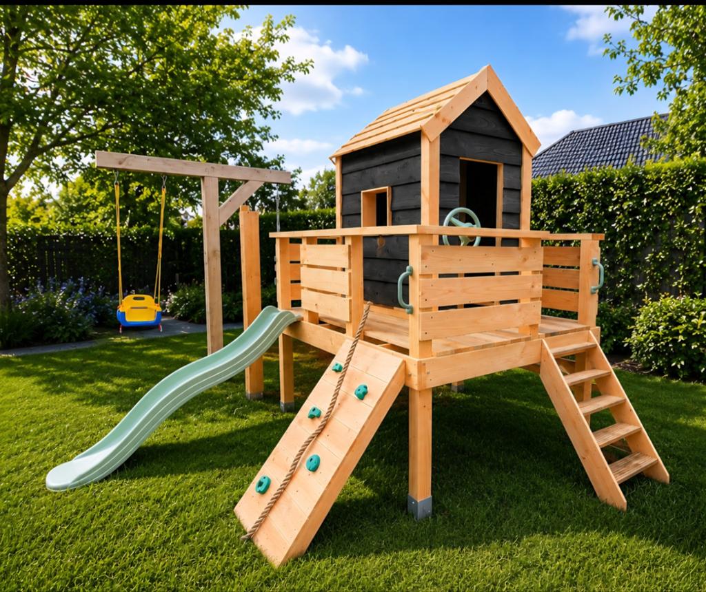 Houten Speelhuisje met Glijbaan, Klimwand., Kinderen en Baby's, Speelgoed | Buiten | Speeltoestellen, Schommel, Nieuw, Woodwolf