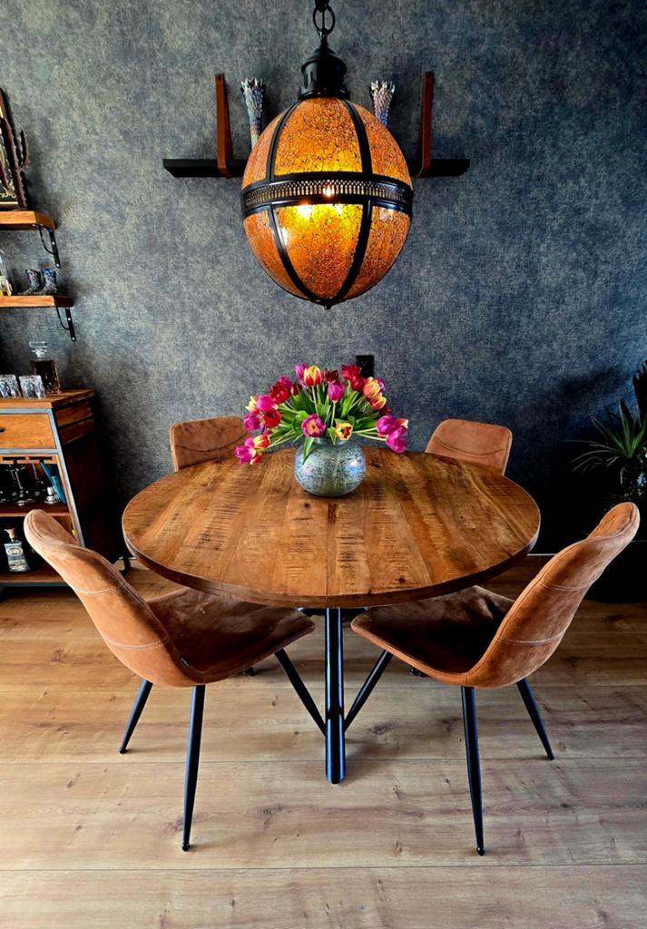 130cm Mango houten eettafel met zwart onderstel, Ophalen, Rond, Zo goed als nieuw, Vier personen