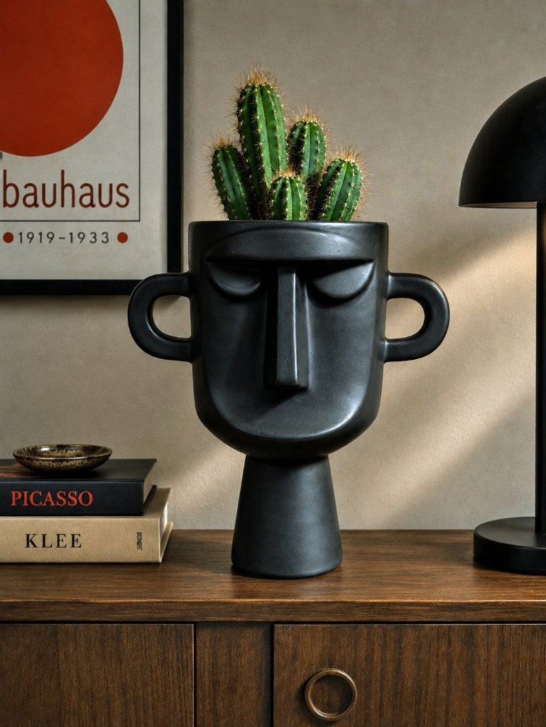 Sculpturale keramische vaas - Zwart gezicht design, Verzenden