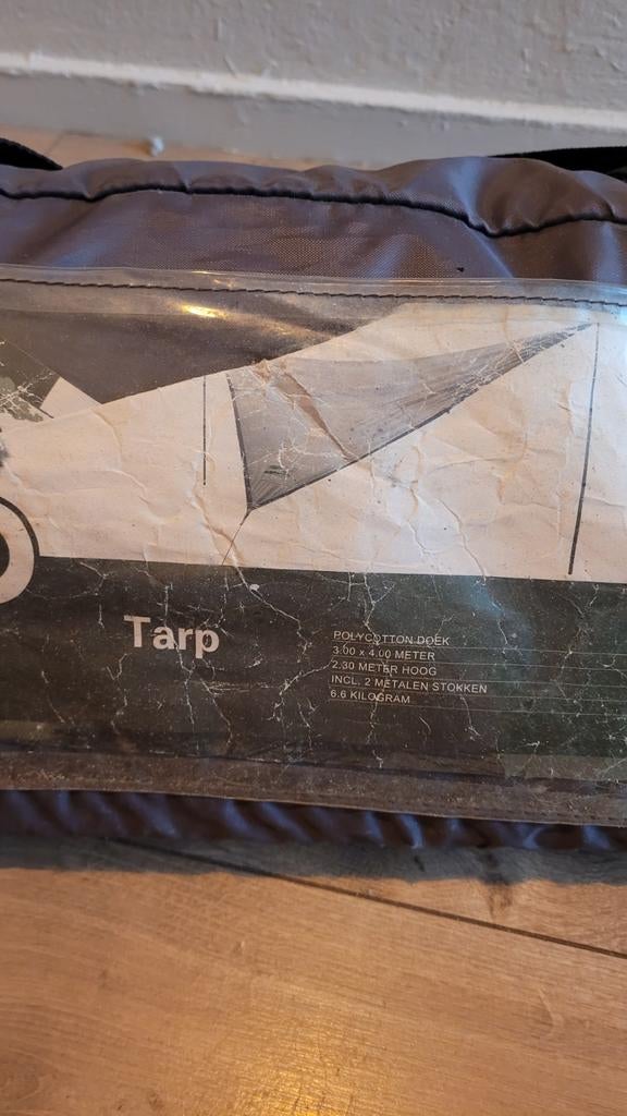 Polykatoen Tarp 3.60 x 4.00 meter met stokken, Ophalen of Verzenden, Gebruikt