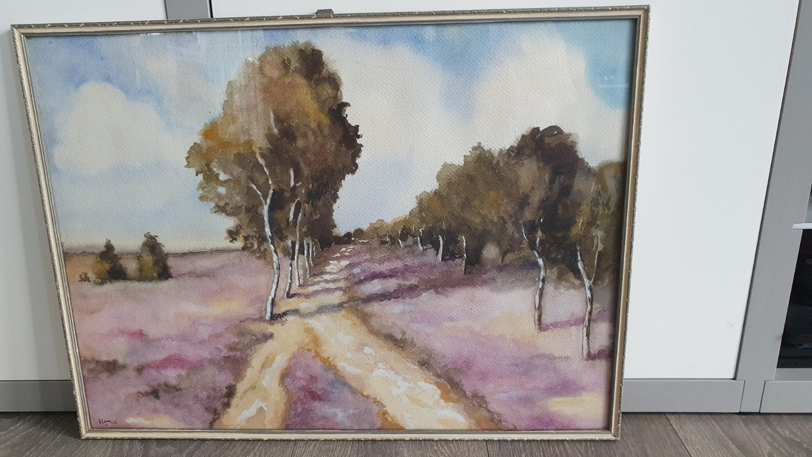 Schilderij: Landschap met bomen en pad, gesigneerd, Ophalen of Verzenden