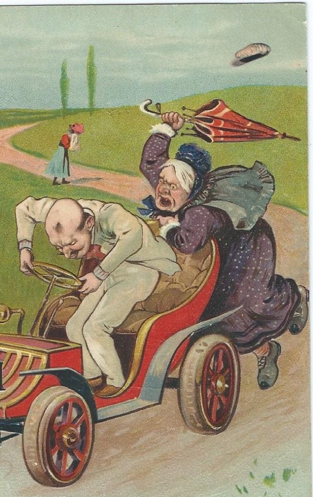 Oude ansichtkaart: Vrouw slaat man met paraplu in auto, Ophalen of Verzenden, Voor 1920, Gelopen, Noord-Brabant