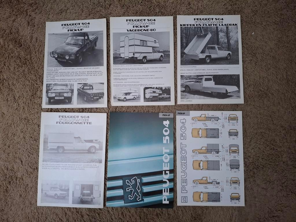 2x autofolder en 4x leaflet Peugeot 504 pick-up, Verzenden, Zo goed als nieuw, Peugeot