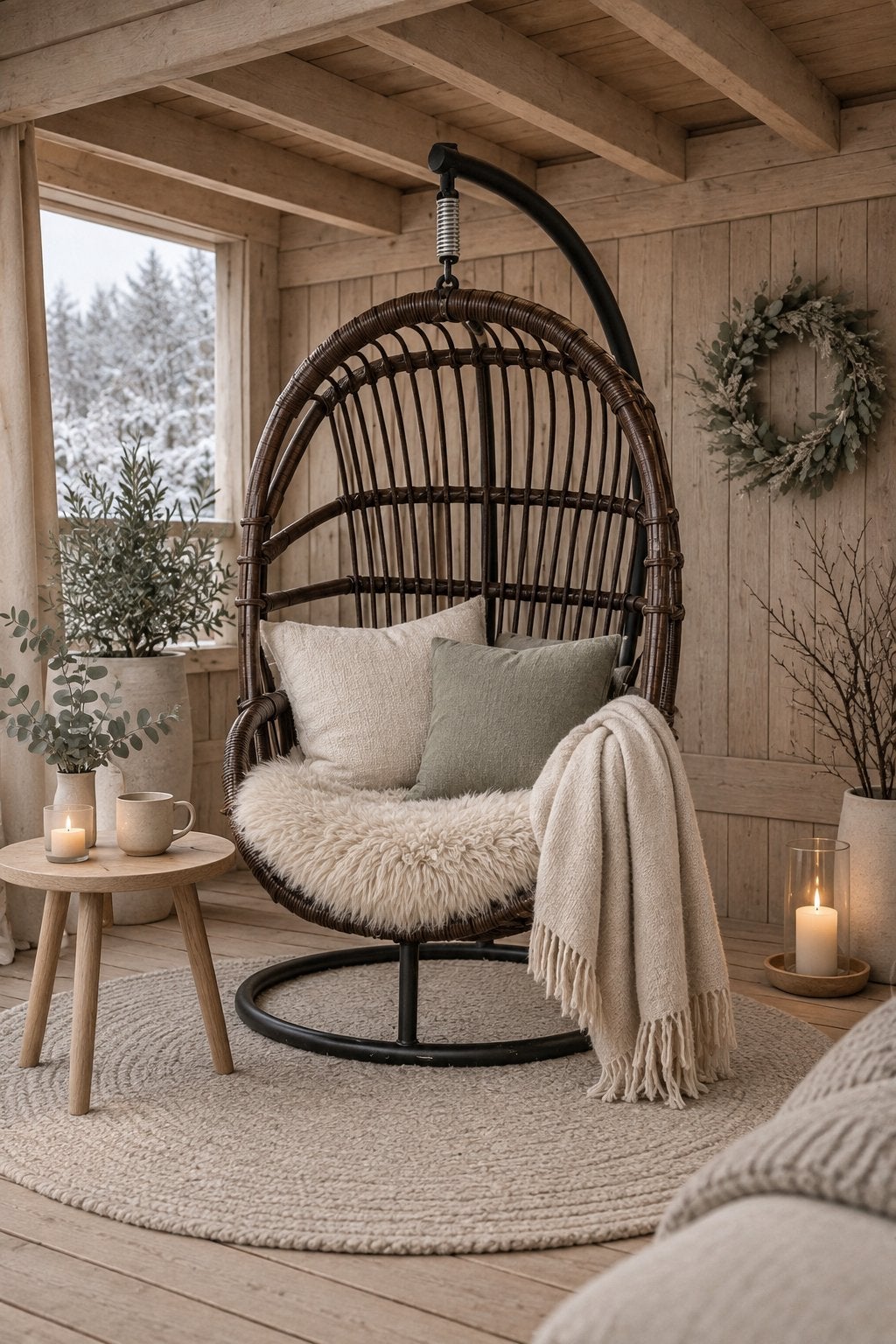 Vintage rotan hangstoel met standaard, Huis en Inrichting, Ophalen, Gebruikt, Bruin, Riet of Rotan
