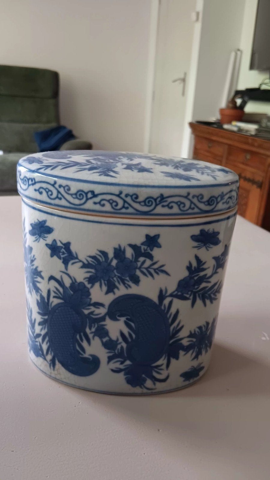 Blauw/witte pot met craquele effect., Ophalen of Verzenden