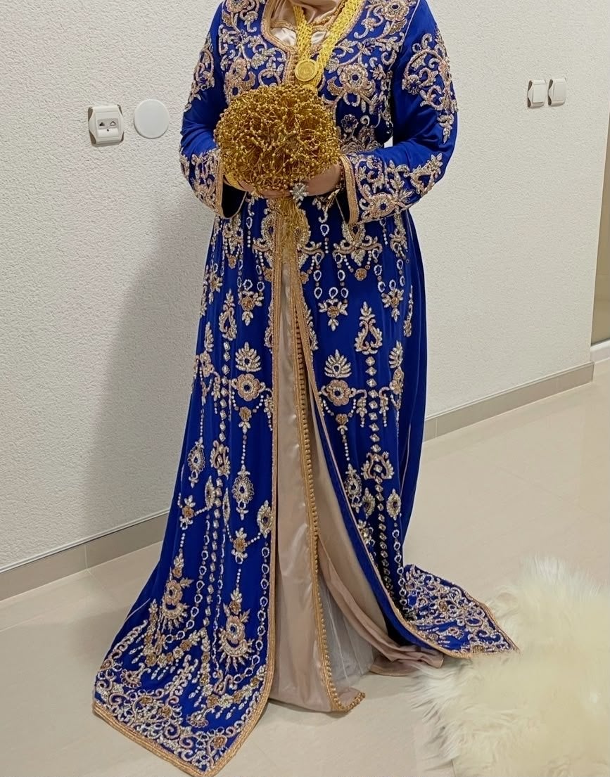 Prachtige Marokkaanse kaftan - Gedragen, Blauw, Maat 42/44 (L), Ophalen of Verzenden, Gedragen