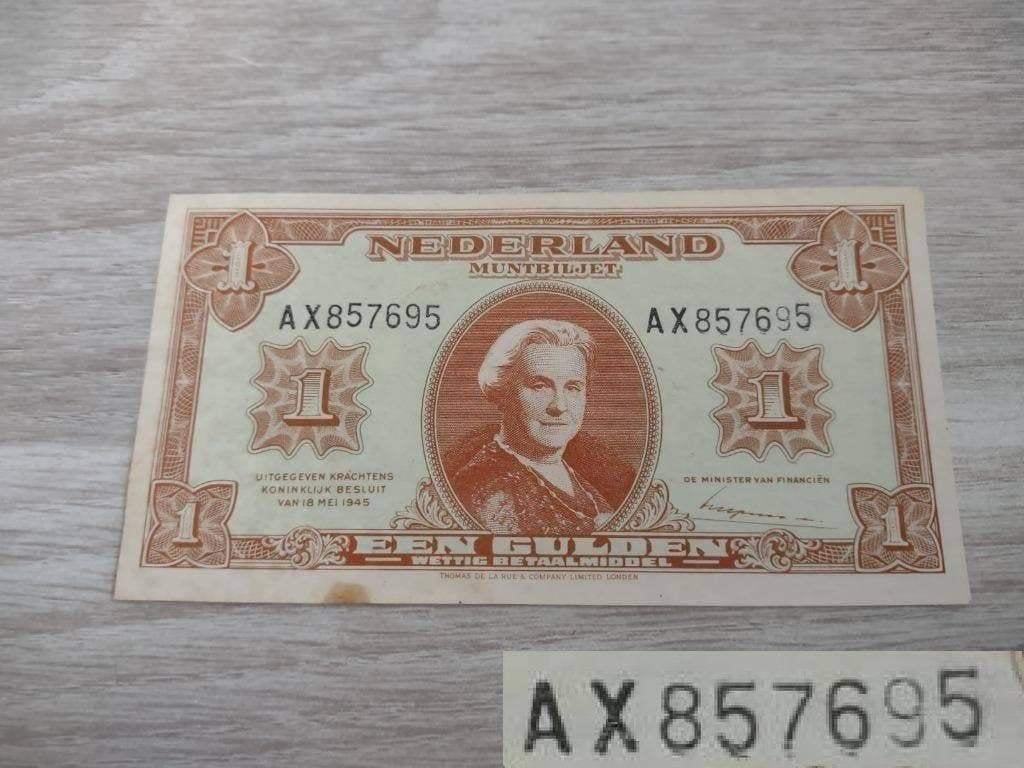 Prachtig+ biljet 1 gulden 1945, afwijking in serienr, Ophalen of Verzenden