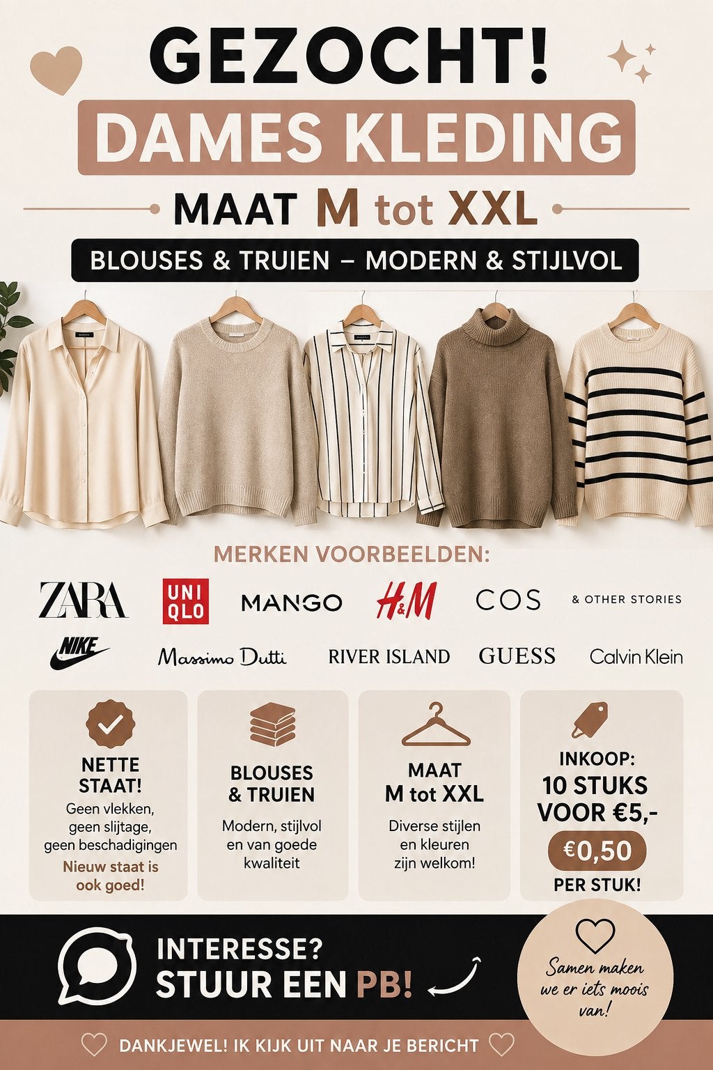 Gezocht: Dames kleding M-XXL (blouses & truien), Ophalen of Verzenden, Zo goed als nieuw, Maat 38/40 (M)
