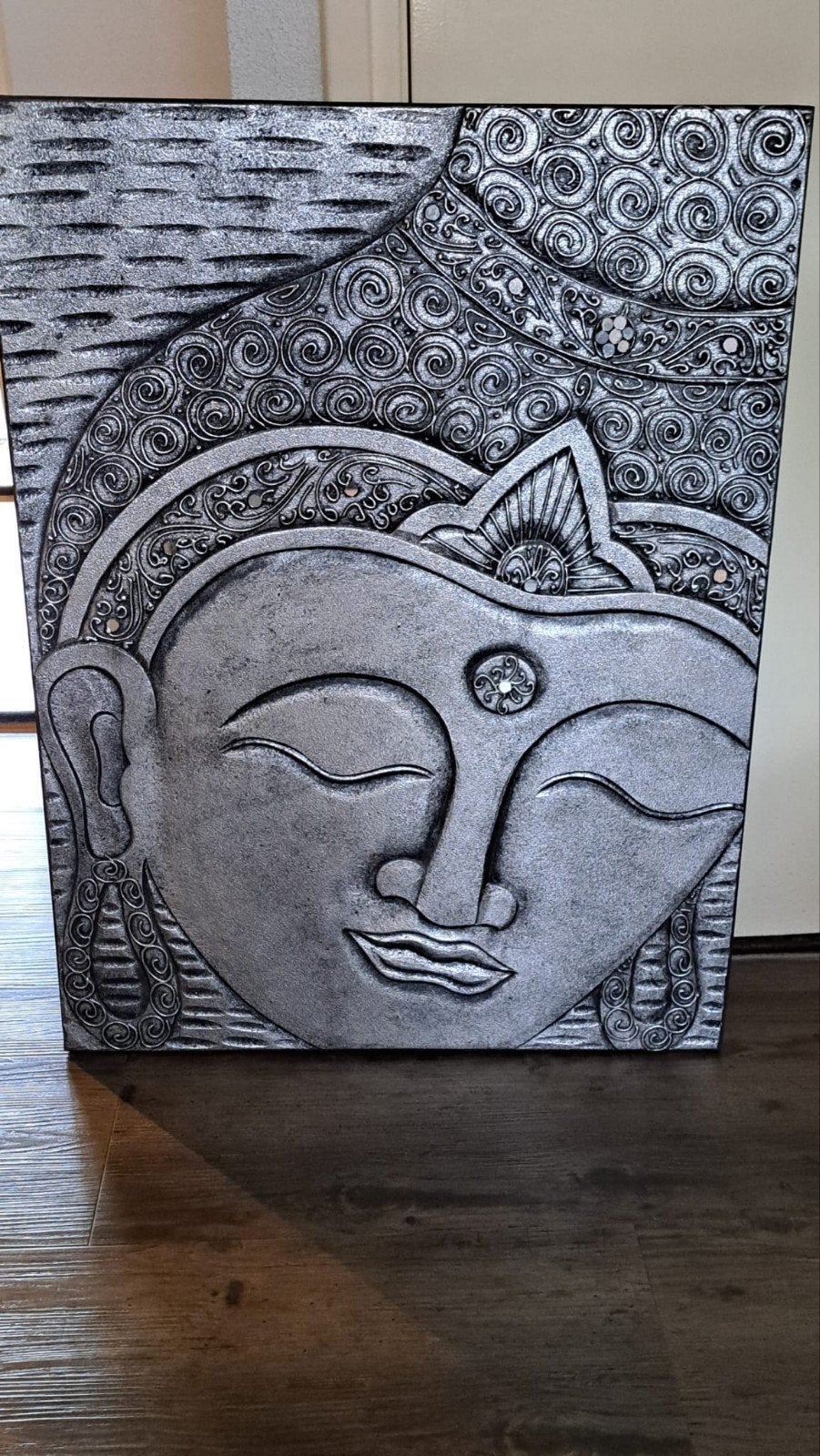 Schilderij Boeddha - Zilverkleurig Reliëf Kunstwerk, Ophalen