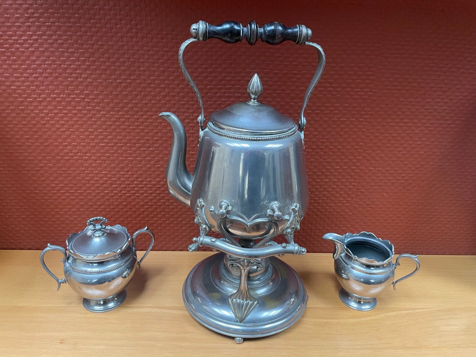 Antieke Art Nouveau tinnen theeset met komfoor, Antiek en Kunst, Ophalen of Verzenden