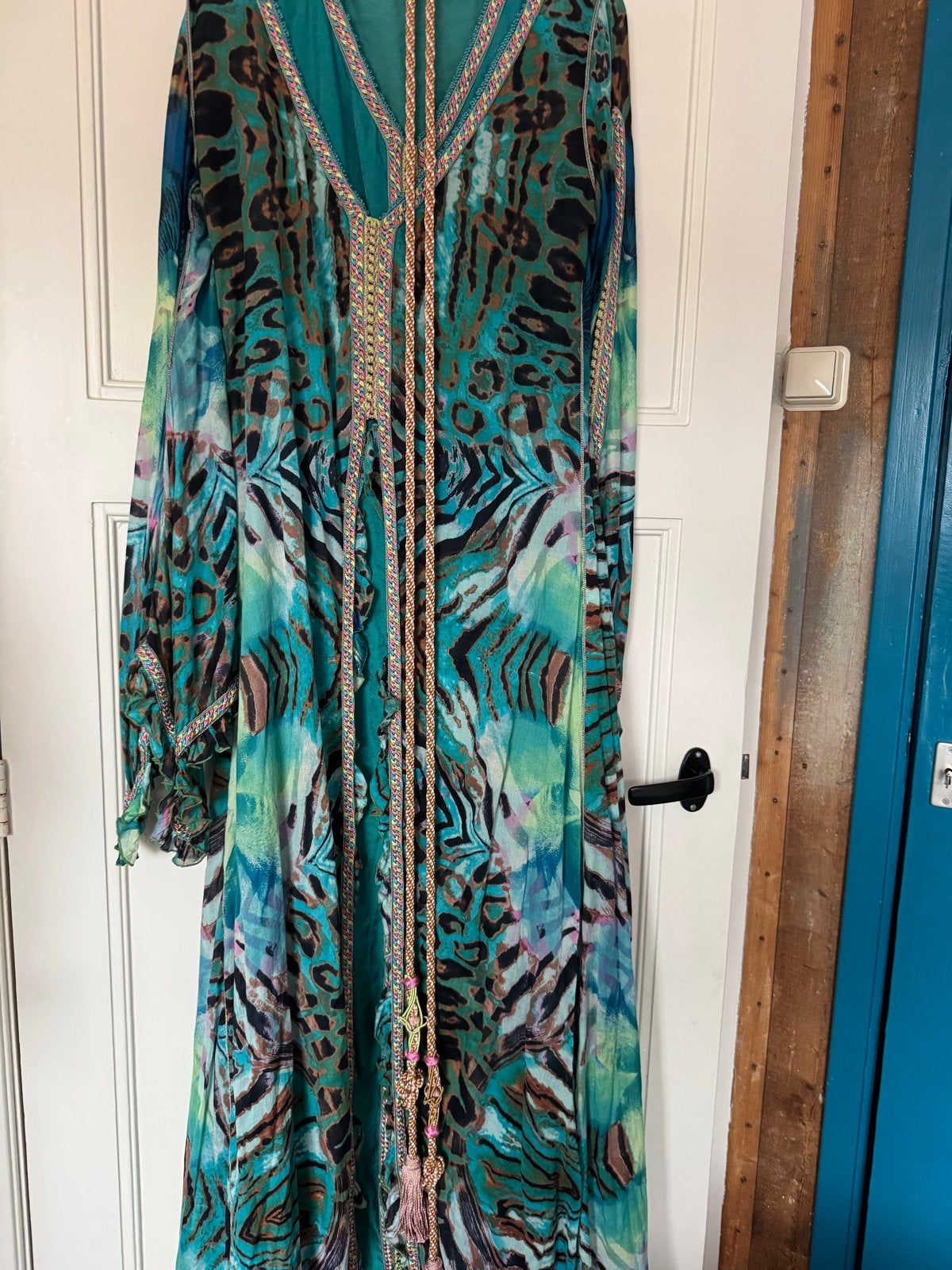 Prachtige turquoise Marokkaanse caftan / jurk – Ibiza stijl, Ophalen of Verzenden, Zo goed als nieuw, Onder de knie