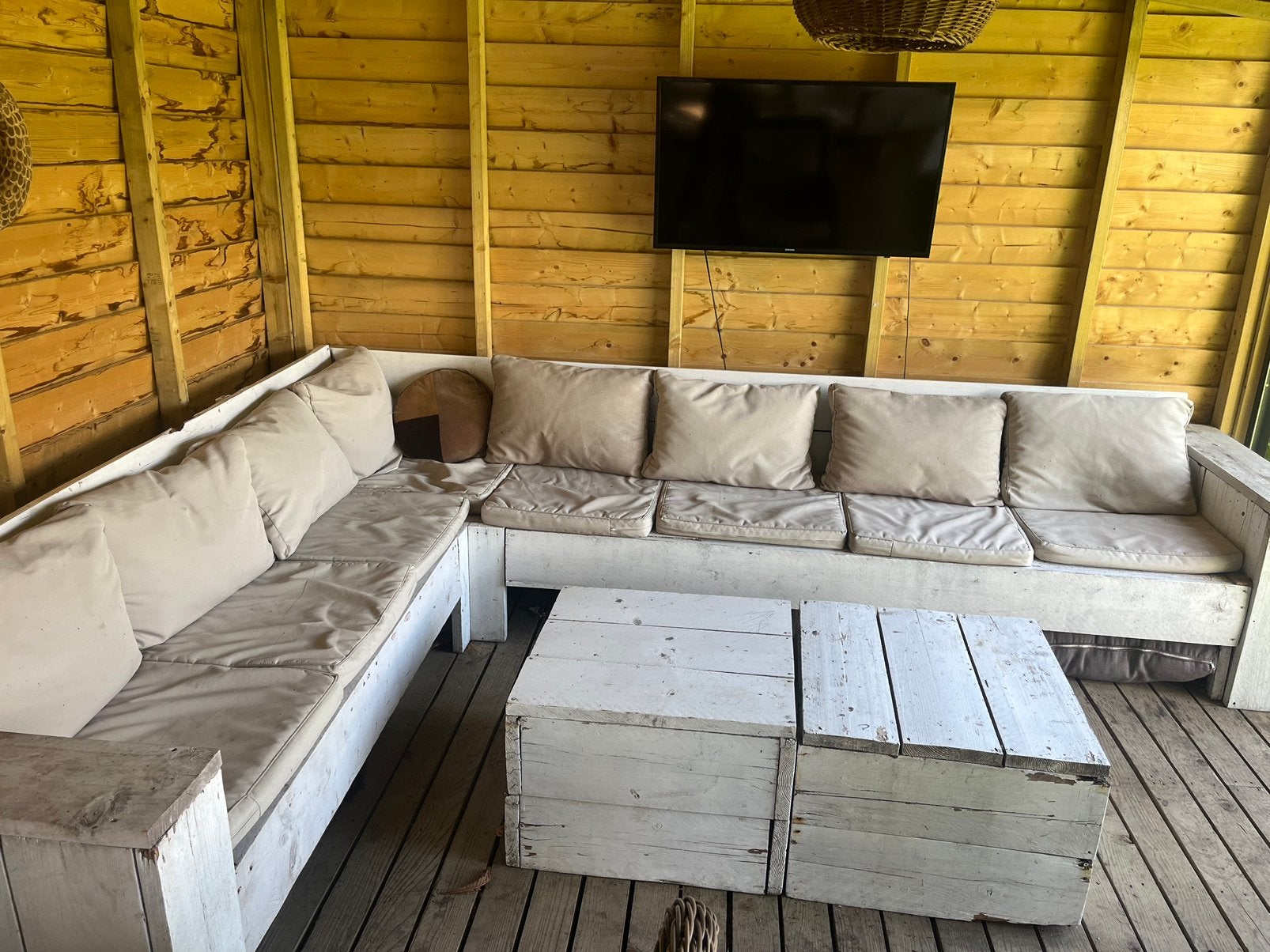 Gratis Steigerhout loungeset tuinbank, Tuin en Terras, Tuinsets en Loungesets, Ophalen, Meer dan 8 zitplaatsen, Steigerhout, Zo goed als nieuw