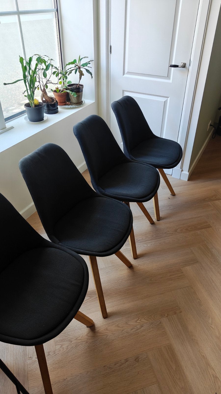 Antraciete stoffen eetkamerstoelen - 4 stuks, Huis en Inrichting, Stoelen, Ophalen, Gebruikt, Vier, Stof