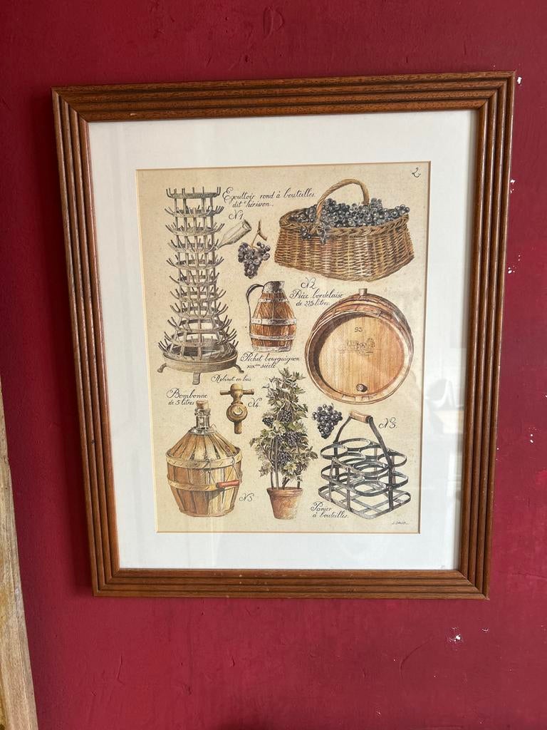 Vintage Wijnbenodigdheden Print in Lijst, Ophalen, Gebruikt, Print, Minder dan 50 cm