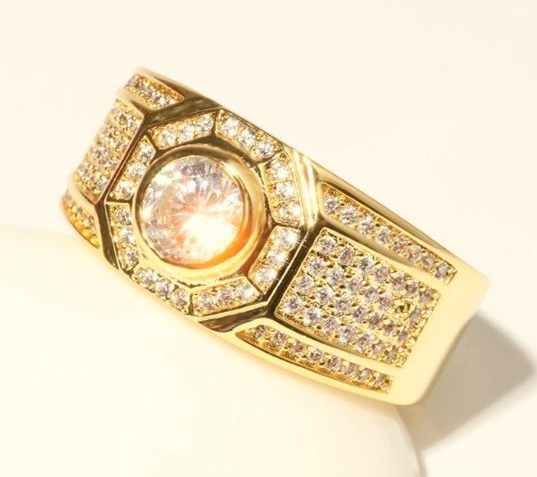 Heren 18K goud vergulde ring met ronde zirkoon, Sieraden, Tassen en Uiterlijk, Ringen, 20 of groter, Heer, Nieuw, Ophalen of Verzenden