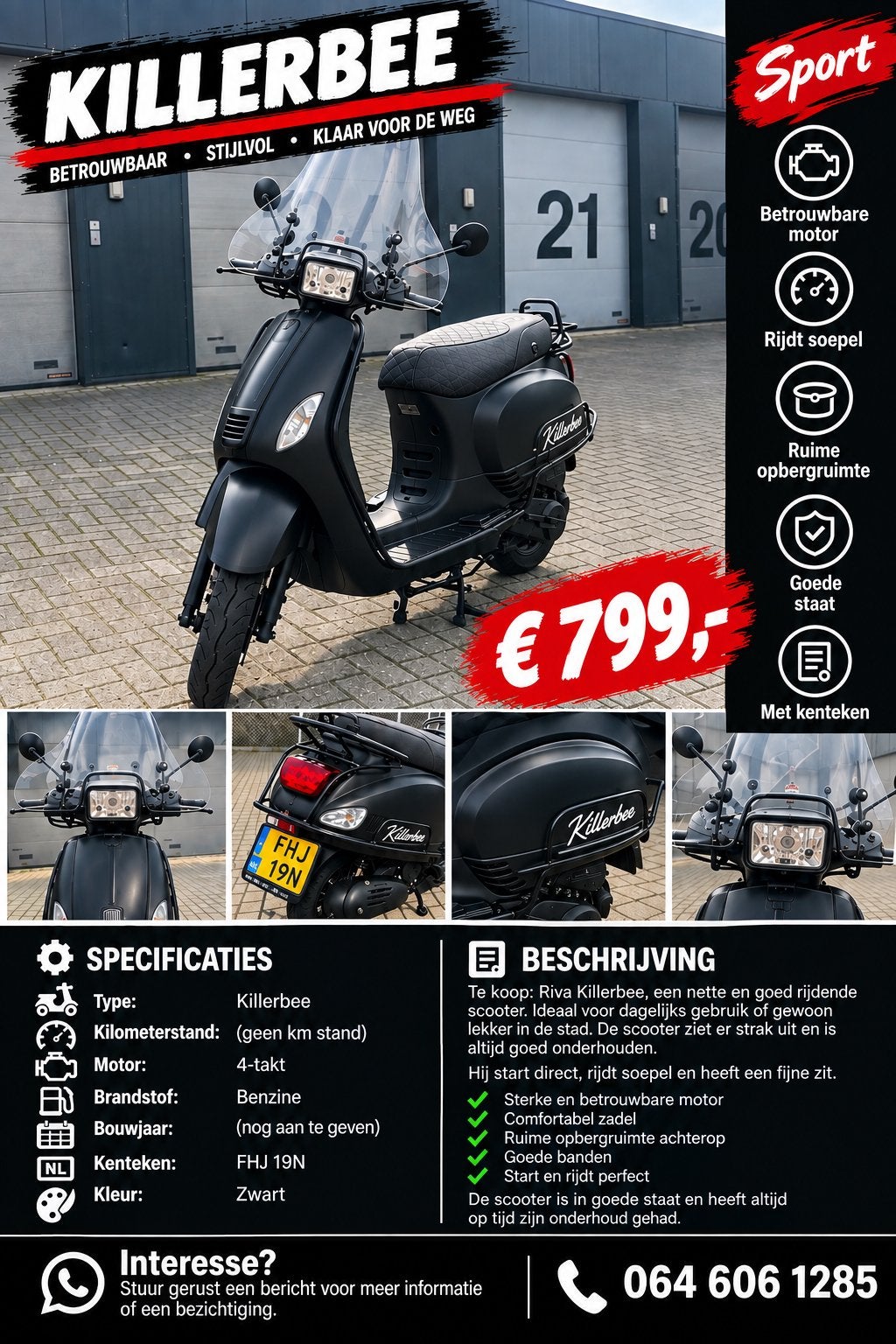 KILLERBEE Riva Vespa Look Type TY50QT-5D-04 Bouwjaar 03/2022, Ophalen, Gebruikt, Overige typen