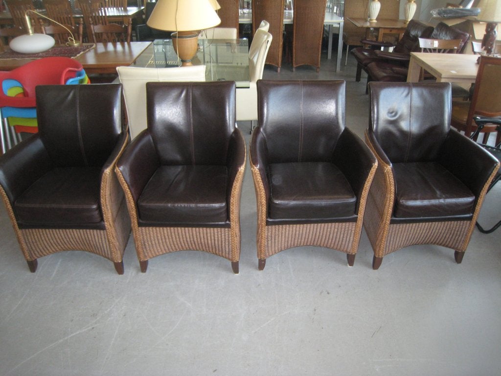 4 Lloyd Loom eetstoelen met leren bekleding, Niet ingevuld, Gebruikt, Niet ingevuld, Niet ingevuld