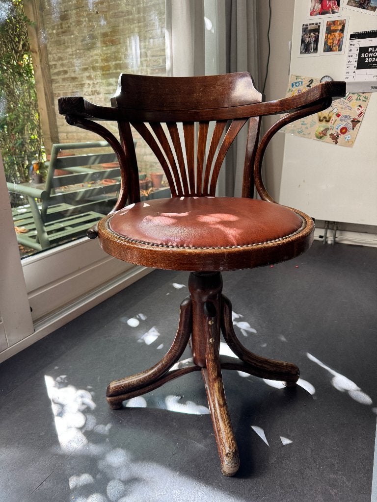 Vintage houten captain's chair draaistoel met leren zitting, Ophalen