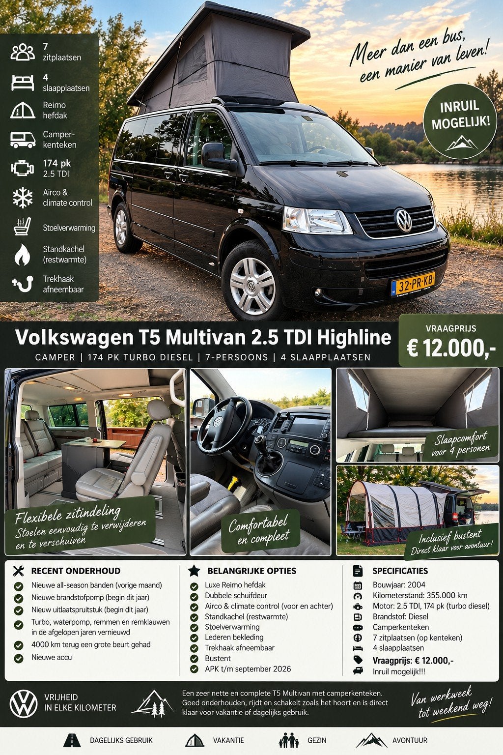 Volkswagen T5 Multivan 2.5 TDI Highline Camper 7-persoons, Buscamper of Camperbus, Volkswagen, Particulier, 4 tot 5 meter