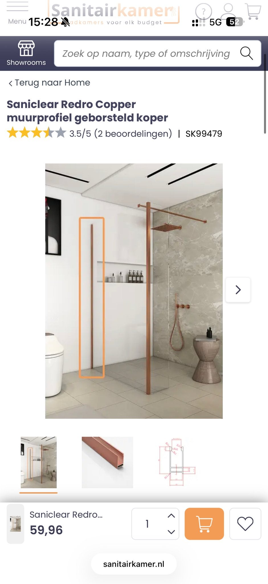 Saniclear Redro Copper muurprofiel geborsteld koper 200cm, Doe-het-zelf en Verbouw, Sanitair, Ophalen of Verzenden, Nieuw, Koper