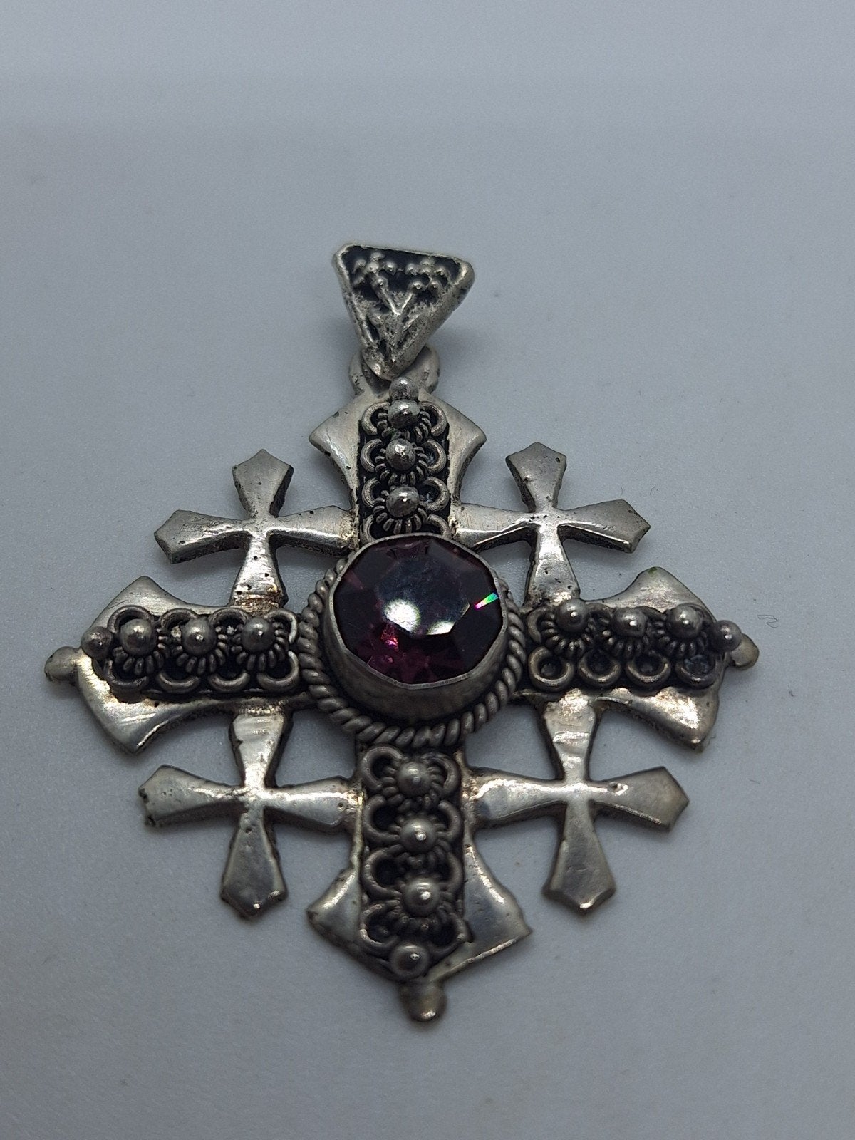 Antiek Zilveren Jeruzalem Kruis met Amethist - 4.5 cm, Ophalen of Verzenden