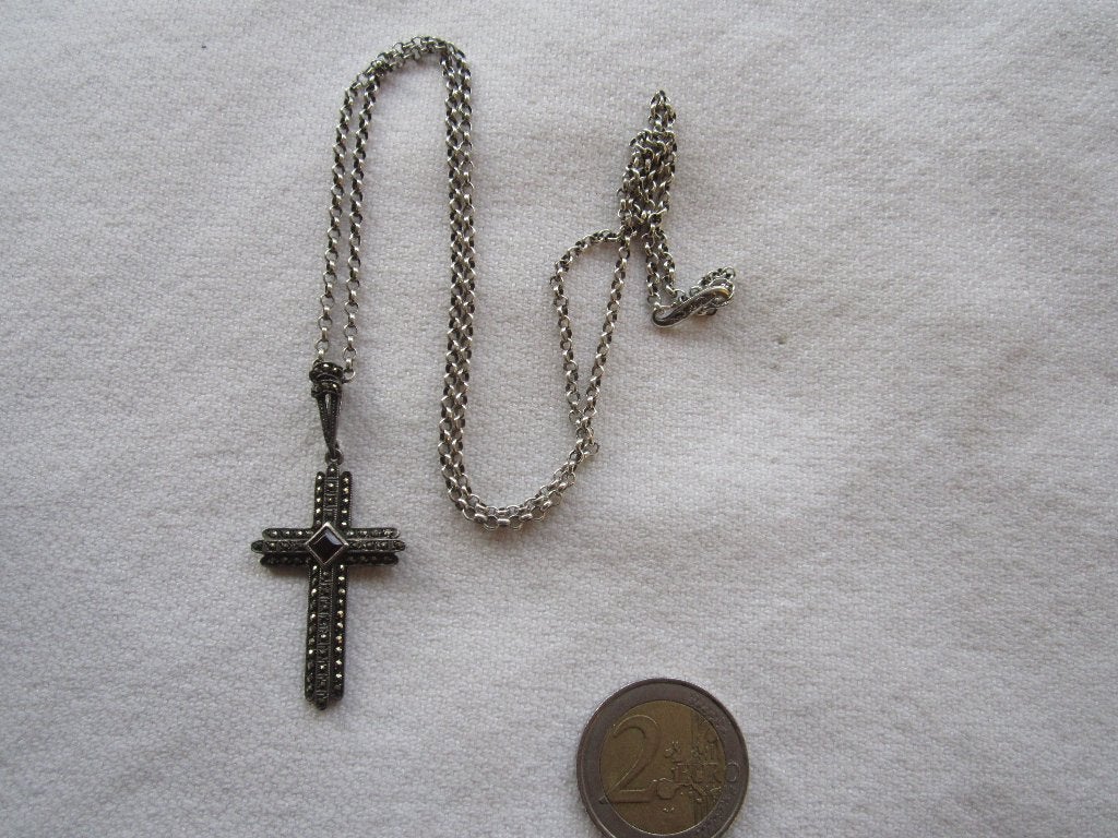 55.   Schitterende oude ketting+kruis, zilver, Sieraden, Tassen en Uiterlijk, Antieke sieraden, Ophalen, Zilver, Ketting