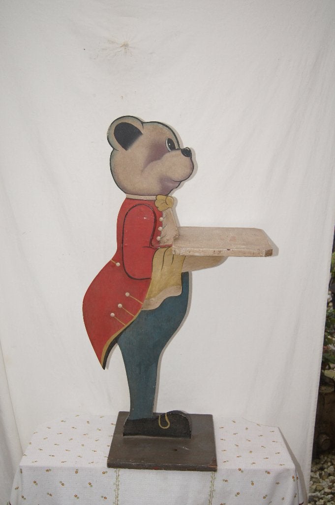 Vintage Houten Beer Butler met Dienblad, Handgemaakt, Zoogdier, Beeld, Hout