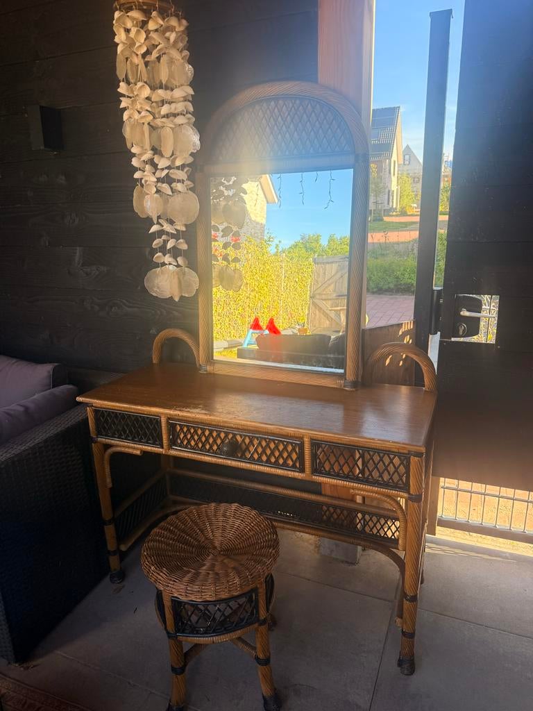 Vintage rotan kaptafel met spiegel en krukje, Ophalen, Gebruikt, 100 tot 150 cm, 50 tot 100 cm