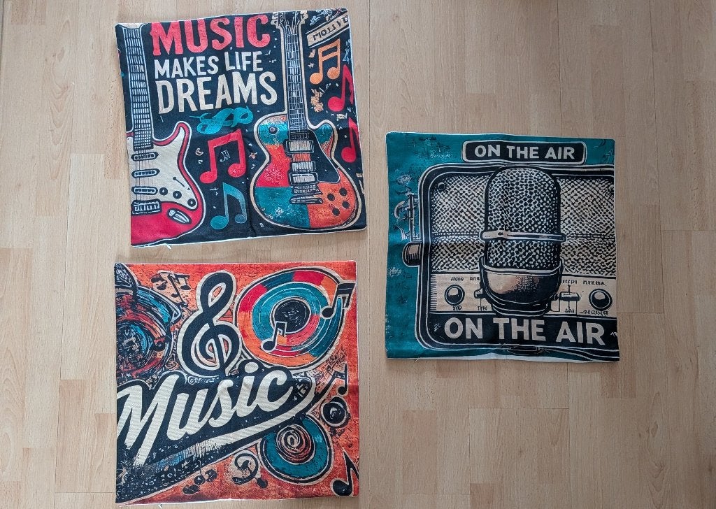 Set van 3 muzikale sierkussens - 'Music Makes Life Dreams', Overige merken, Meerkleurig, Met print, Vierkant
