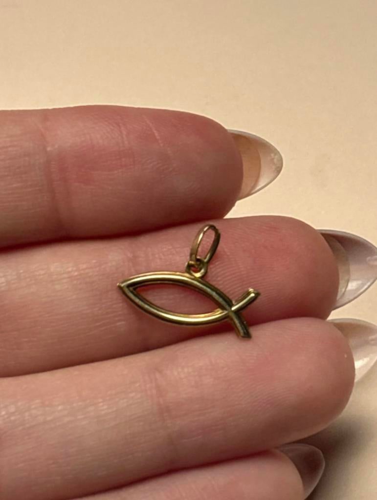 14 karaat geelgouden Ichthus vis hanger, Verzenden, Zo goed als nieuw, Kruis of Symbool, Goud