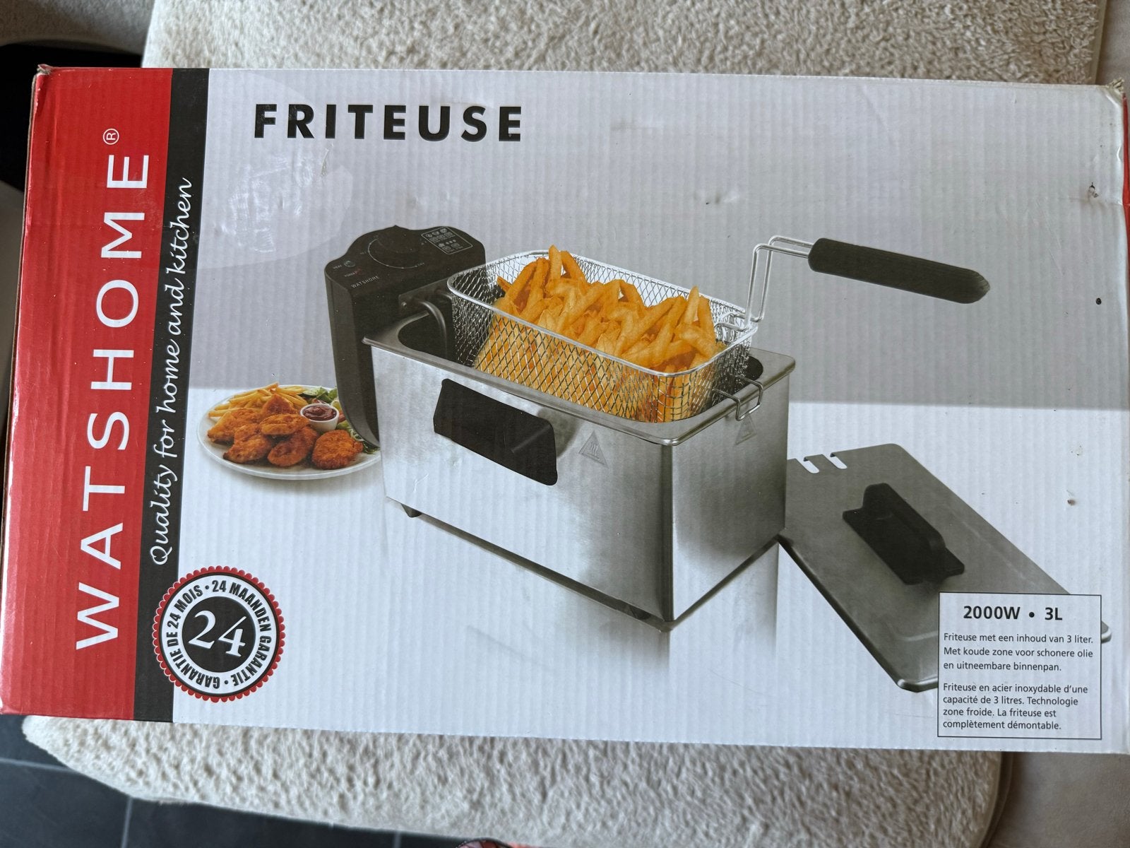 Nieuw in doos: Watshome Friteuse (3L, 2000W) - RVS, 2 tot 3 liter, Ophalen, Nieuw, Uitneembare binnenpan