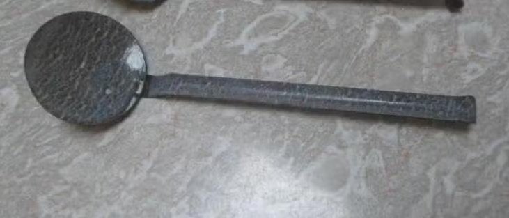 Emaillen lepel grijs gewolkt rond, opscheplepel 33 cm email, Ophalen of Verzenden