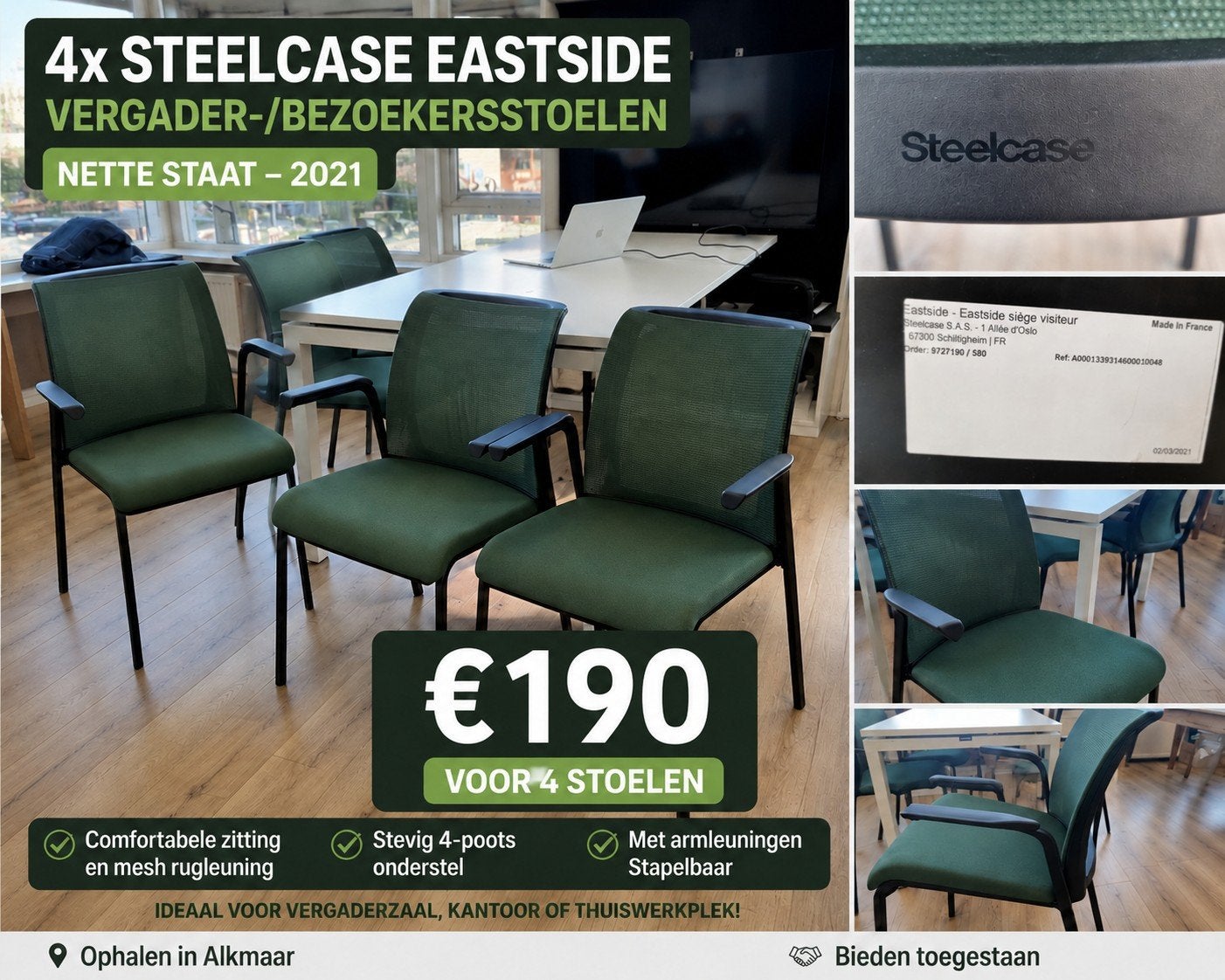 4x Steelcase Eastside vergaderstoelen - Groen, Huis en Inrichting, Stoelen, Ophalen, Modern, Zakelijk, Overige kleuren, Zo goed als nieuw