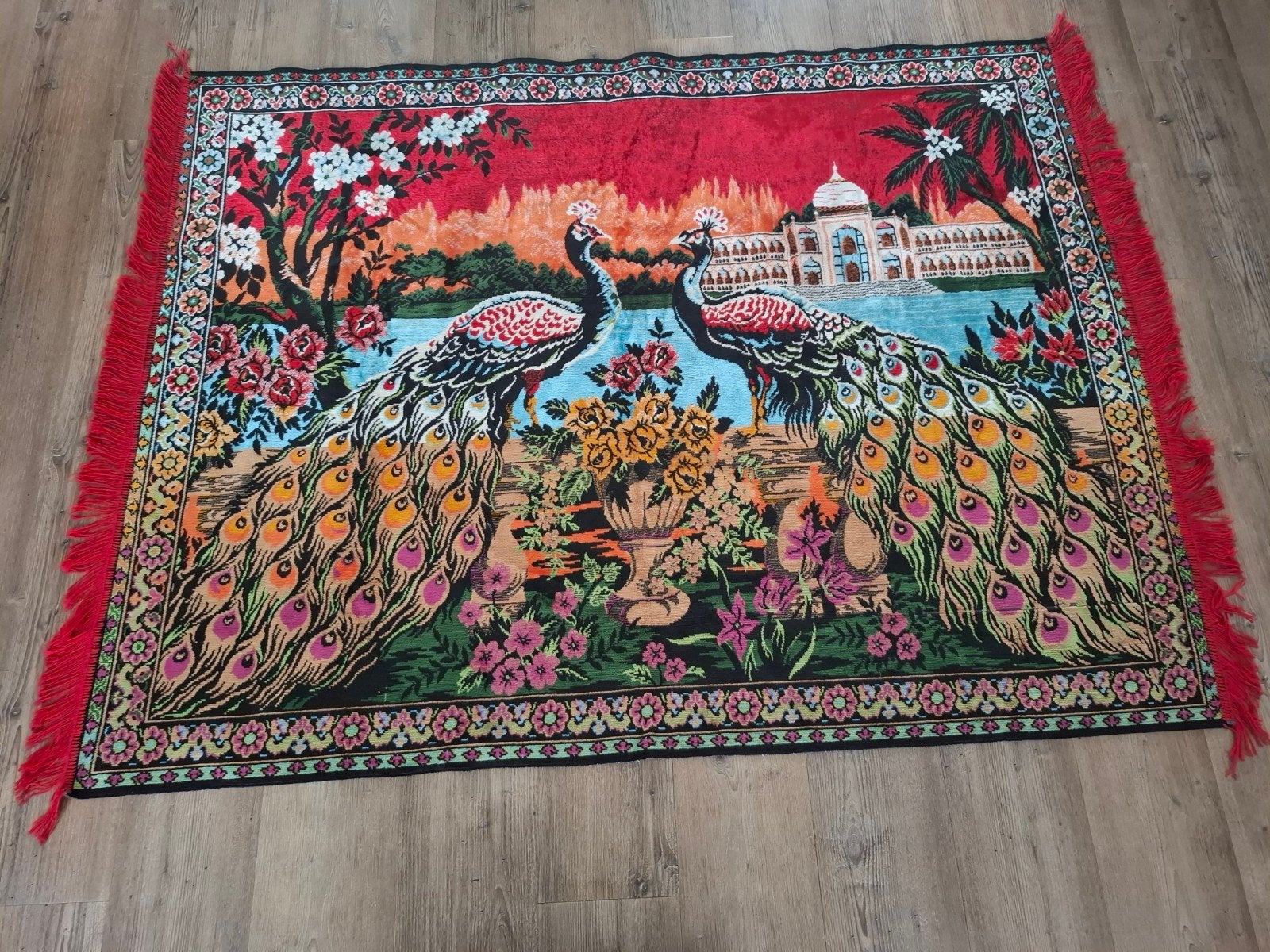 Wandkleed met Pauwen en Paleis - Vintage, Gebruikt, Ophalen of Verzenden, Zwart, Oosters, Vintage, Exotisch