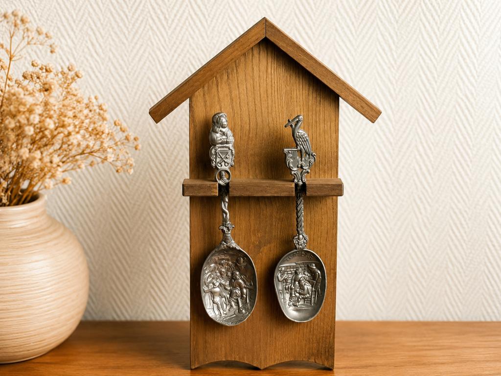 Decoratief houten rekje met tinnen lepels, Ophalen of Verzenden