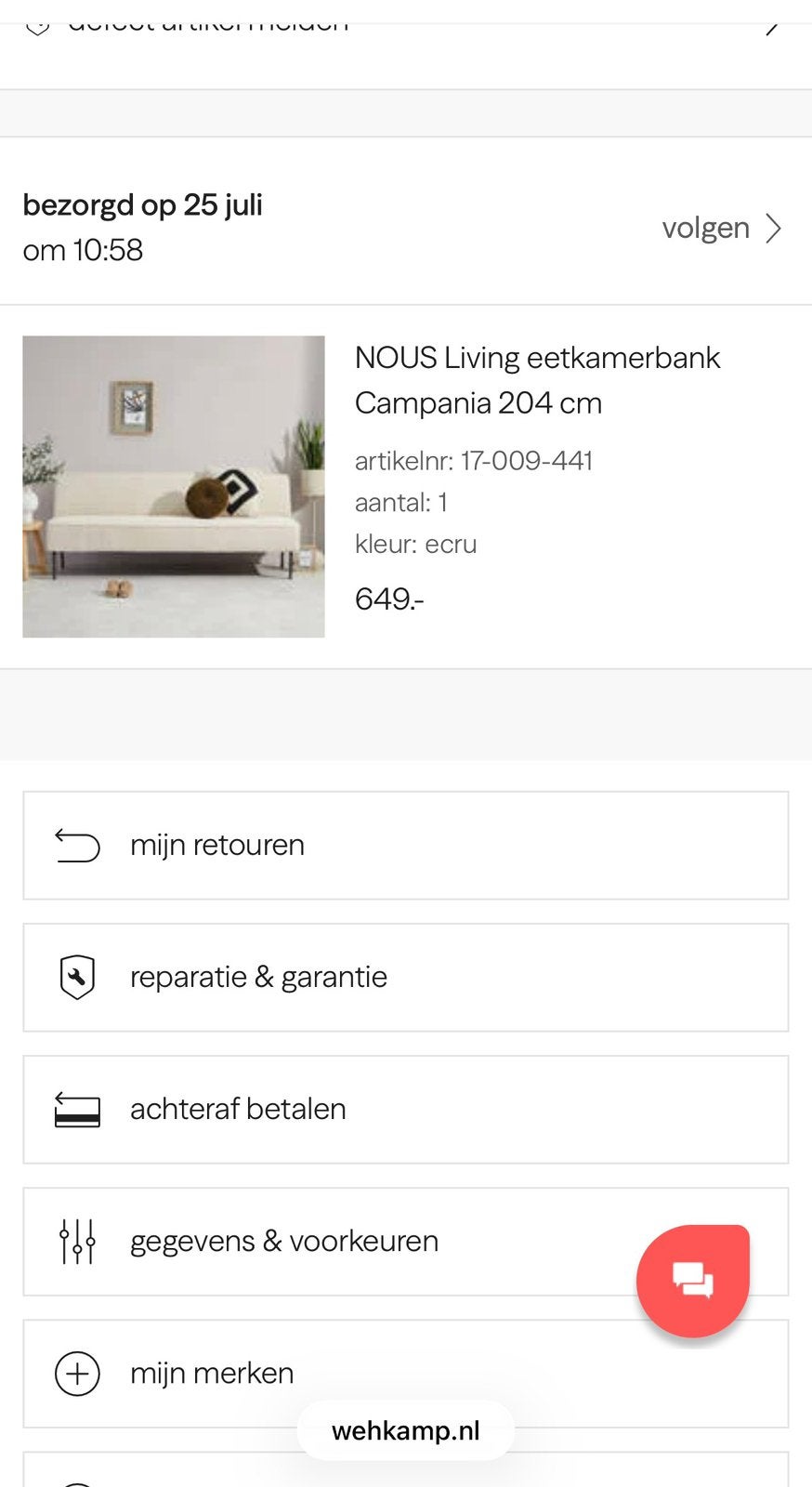 Nous eettafel bankje, Ophalen