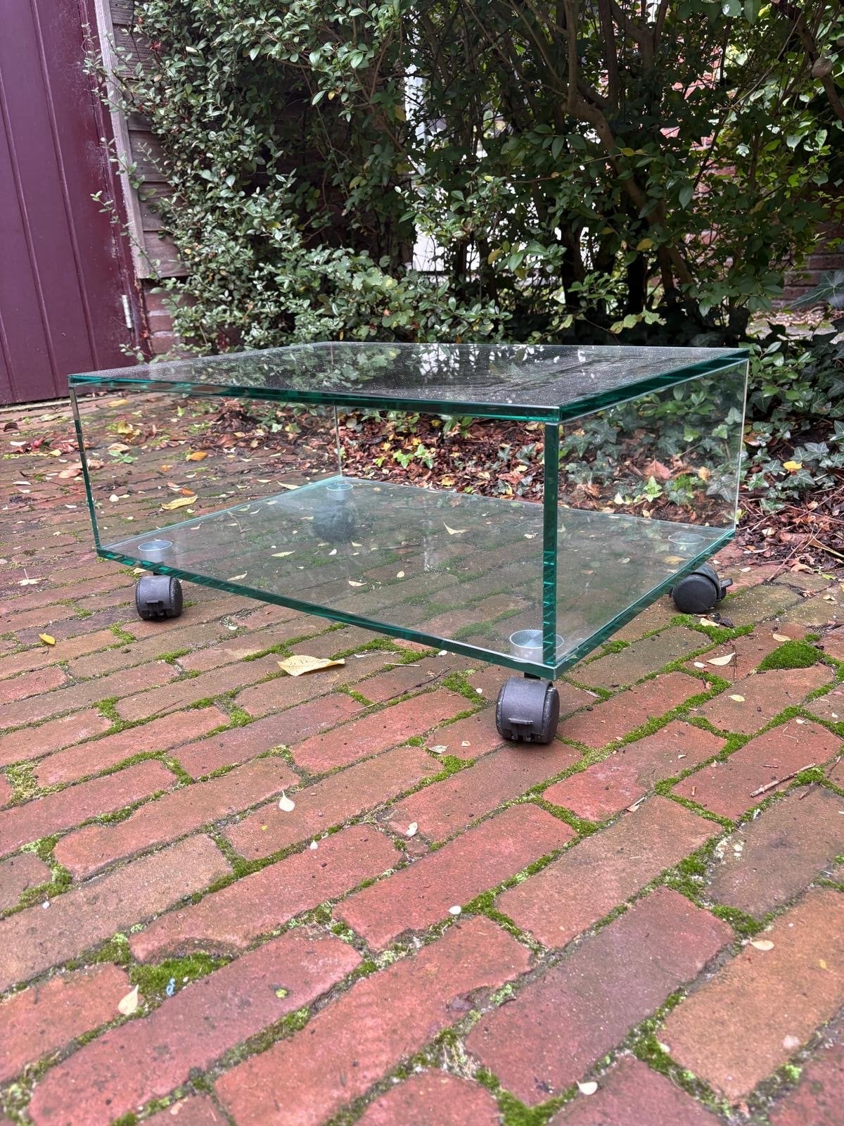 Glazen TV of salontafel op wielen - Modern en functioneel, Ophalen, Gebruikt, 100 tot 150 cm, 50 tot 100 cm