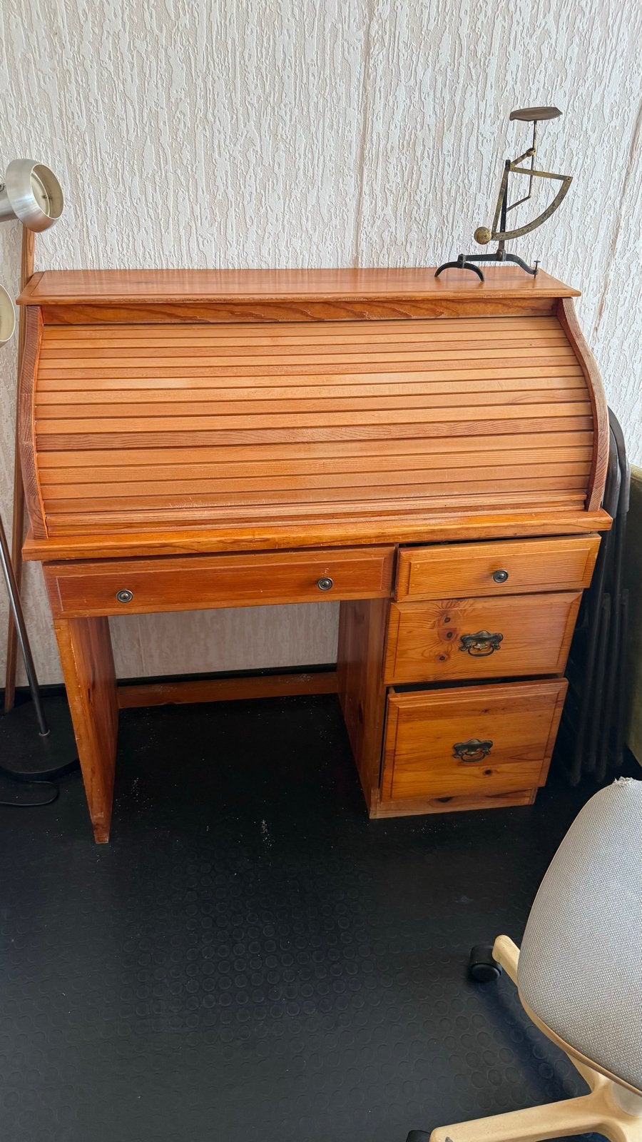 Grenen rolluikbureau met lades, Huis en Inrichting, Ophalen, Gebruikt, Secretaire, Bruin