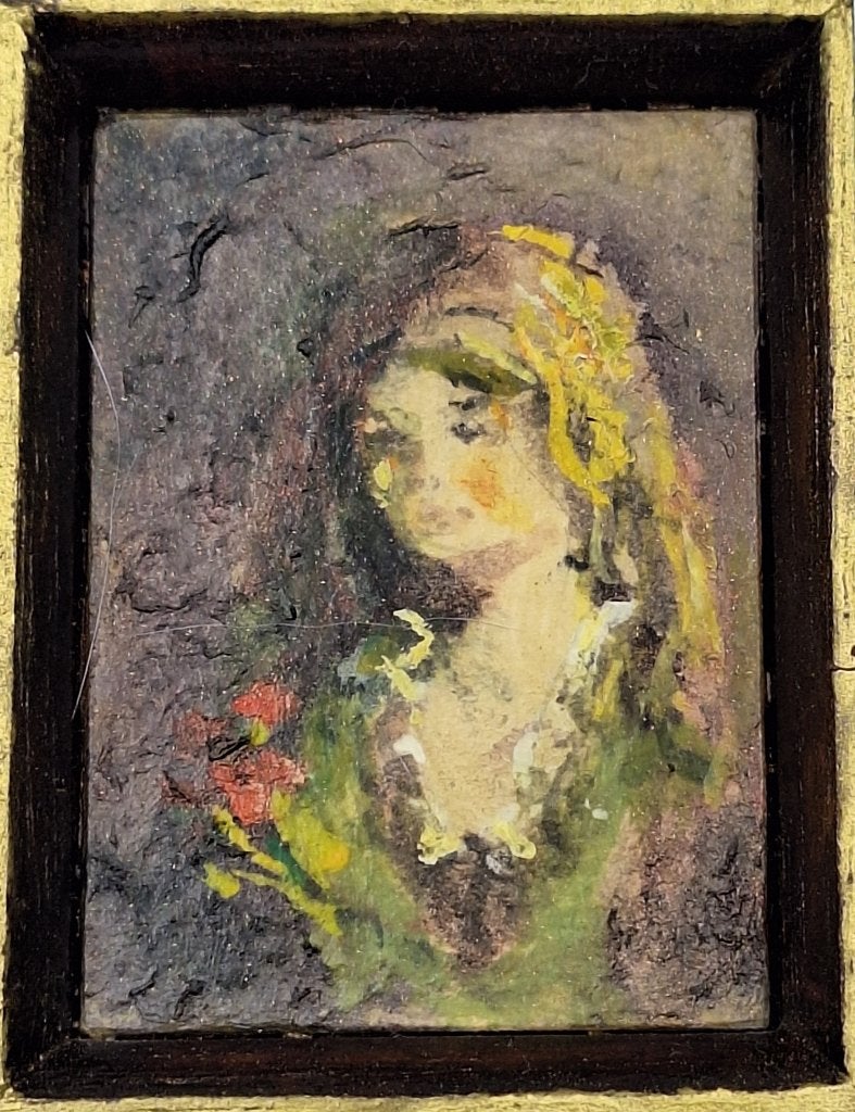 Aquarel voor het poppenhuis: vrouw met bloemen, Ophalen of Verzenden, Poppenhuis