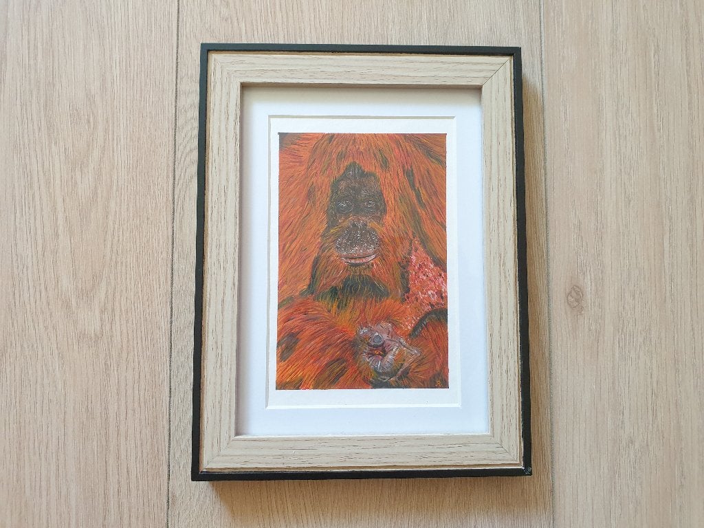Mini schilderij met orang-oetans acryl op papier 18x13 cm, Ophalen, Minder dan 50 cm, Oorspronkelijke maker, Nieuw