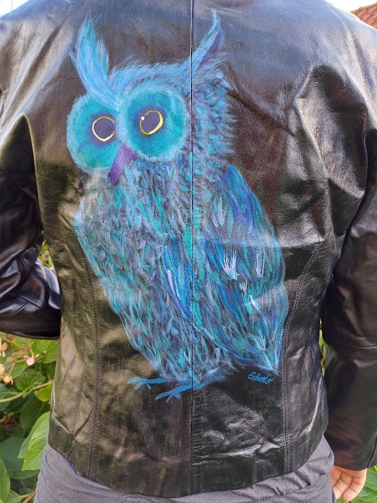 Stoere zwarte leren jas met blauwe uil mt 40 merk Florence, Kleding | Dames, Maat 38/40 (M), ., Zwart, Ophalen of Verzenden