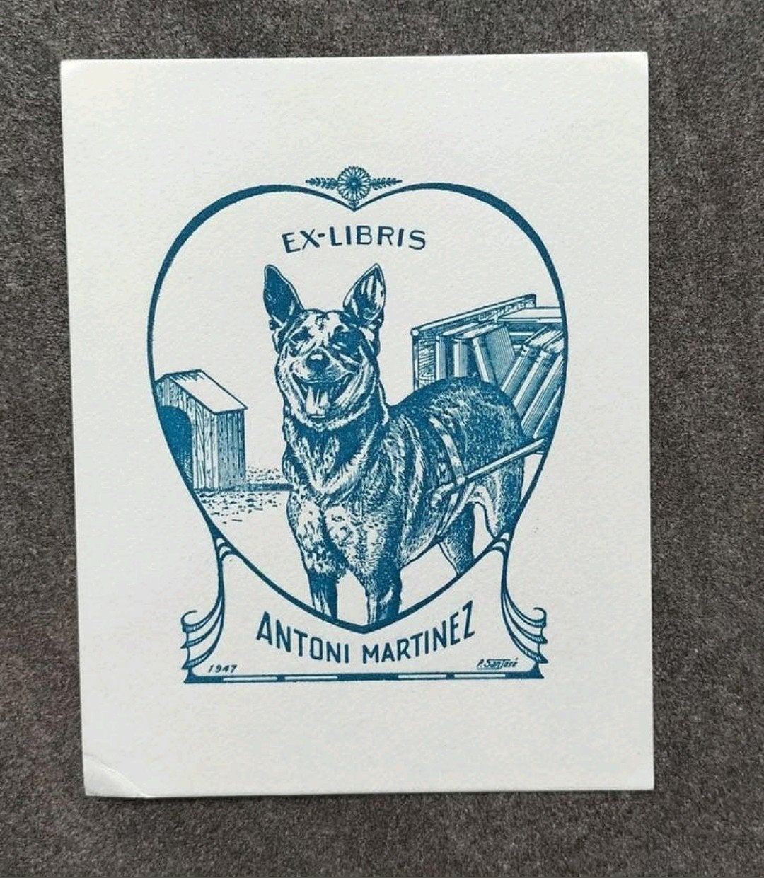 Exlibris Antoni Martinez (P. San José, 1947) (Hond: herder), Antiek en Kunst, Kunst | Etsen en Gravures, 9 cm, 1900 - 1949, Ex libris