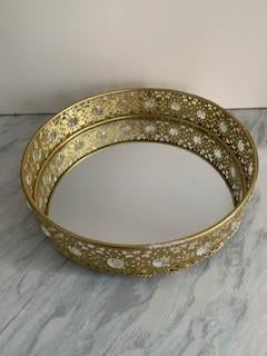 Spiegeldienblad goud kleurig met deco rand, Minder dan 50 cm, Rond, Nieuw, Ophalen of Verzenden