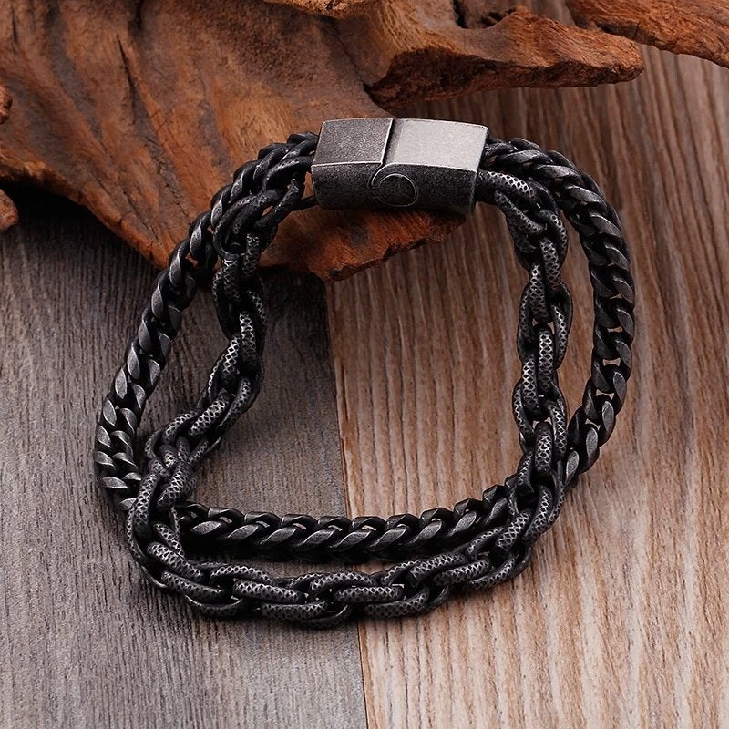 Zwarte Heren Dubbele Stalen Armband, Sieraden, Tassen en Uiterlijk, Armbanden, Verzenden, Nieuw, Zwart, Staal