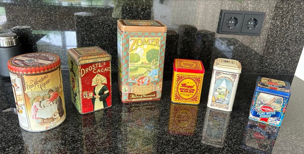 6 originrle oude blikken, Ophalen of Verzenden, Gebruikt, Koffie, Droste